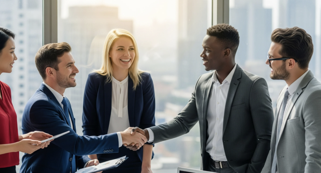 Two professionals shaking hands during a business meeting.