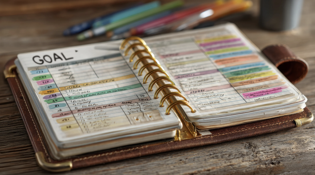 Person reviewing goals with notebook and coffee