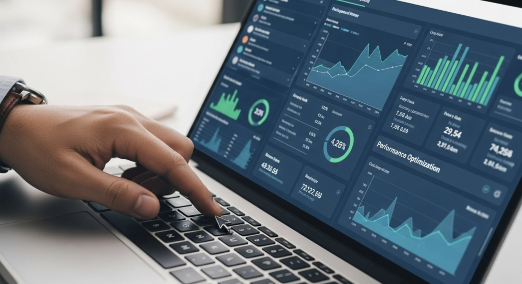 Laptop screen showing website speed and SEO analysis