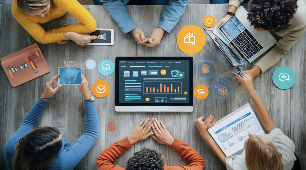 Team collaborating around data and strategy board