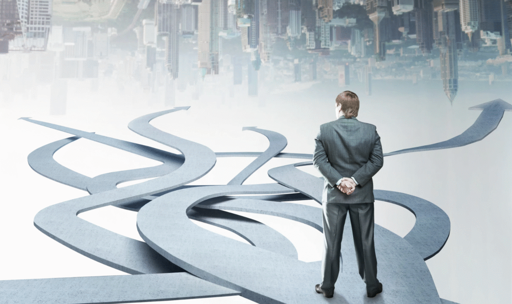 Multiple arrows changing direction representing inconsistent leadership decisions